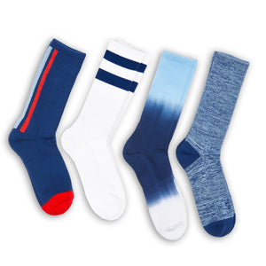 4 pairs of Red, Navy, and Powder blue casual socks side by side