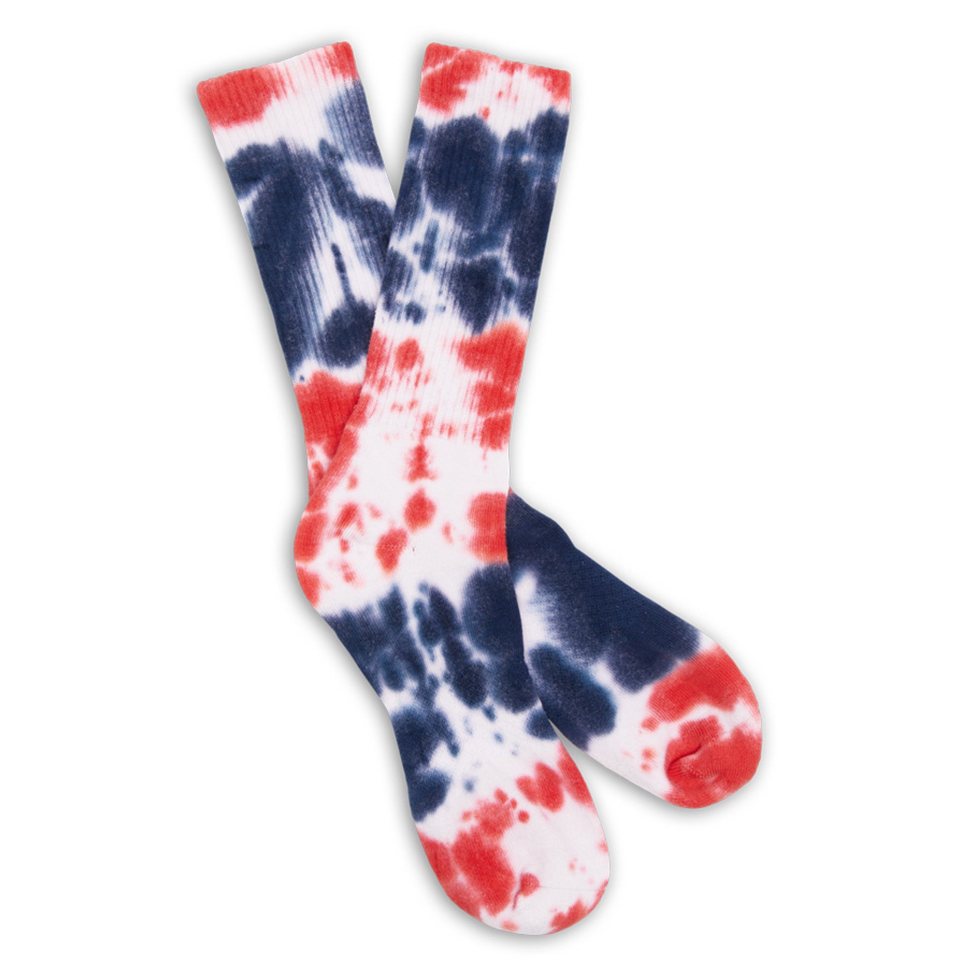 Red and Navy Tie-Dye  on white casual crew athletic lounger sock on mannequin laid out flat.