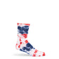 Red and Navy Tie-Dye on white casual crew athletic lounger sock shown on mannequin.