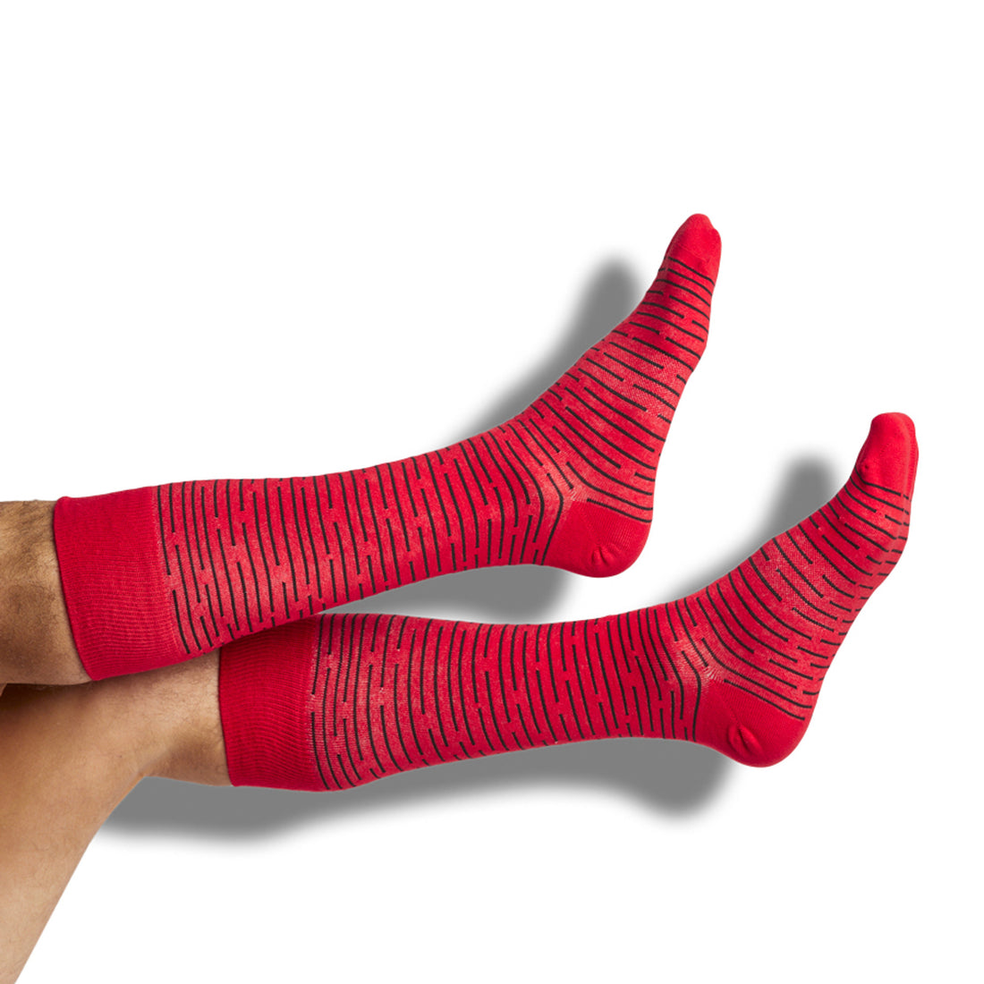 black dress socks with red broken stripe design