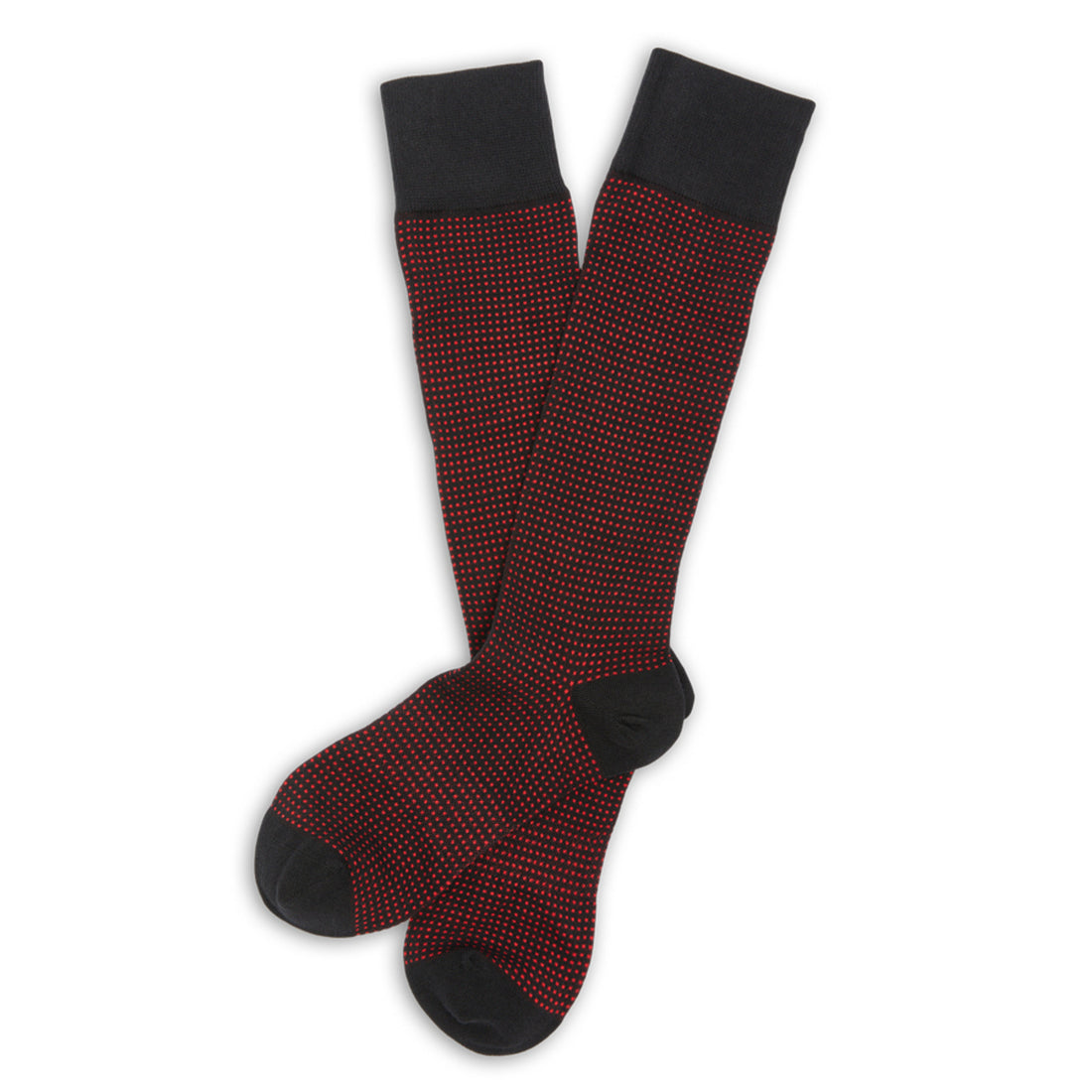 Black and red birdseye dress socks laid out flat