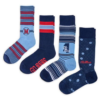 DeadSoxy Red & Blue 4-Pack — full Ole Miss bundle of two dress and two casual socks laid out together