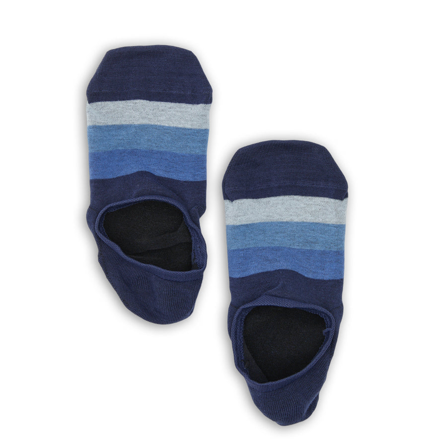 Rich no-show socks laid flat, showing a blue gradient