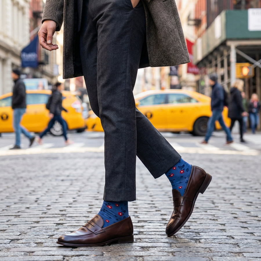 Richie denim blue floral dress socks styled in urban setting