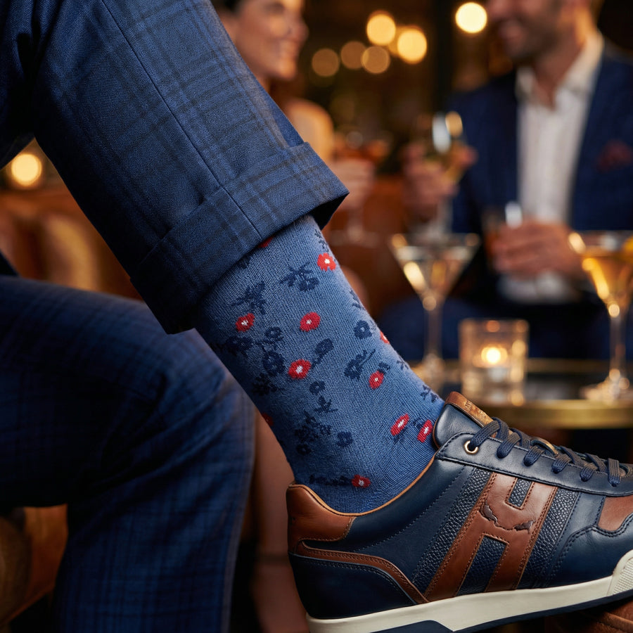 Richie floral dress socks styled with sneakers for casual wear