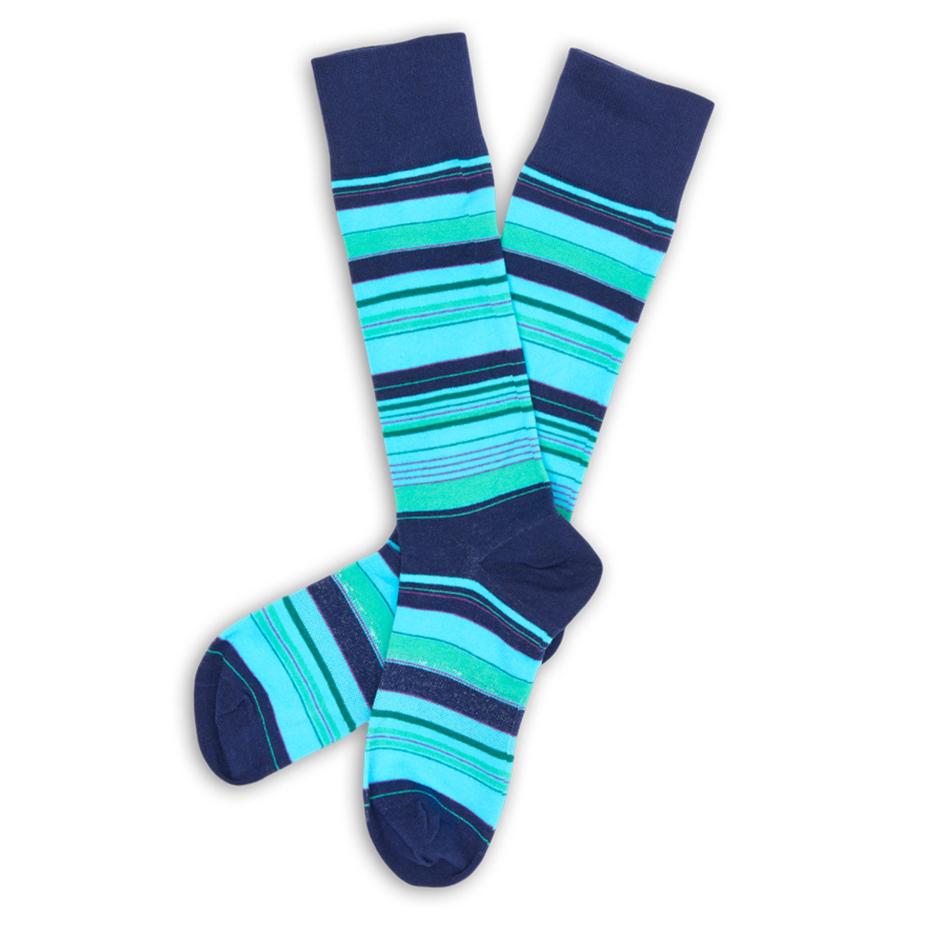 Pair of Rolly striped dress socks laid flat; navy, aqua, teal & green bands; TrueStay cuff; supreme cotton yarn.