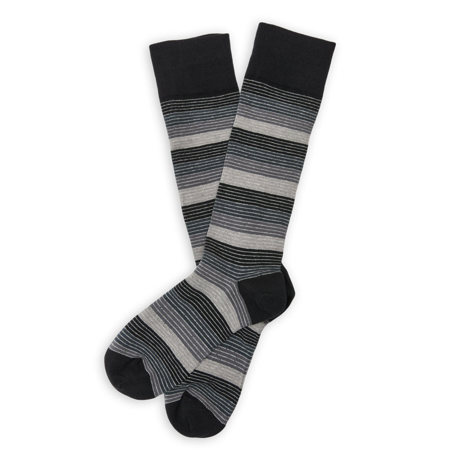 DeadSoxy Roman Cotton Dress Socks flat lay showing fine black, gray and white stripes
