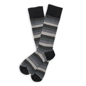 DeadSoxy Roman Cotton Dress Socks flat lay showing fine black, gray and white stripes
