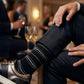 Ross black stripe dress socks styled with black sneakers