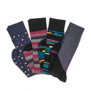 4 pairs of premium dress socks with mixed designs laid flat in a v shape