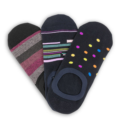 3 pairs of no show socks with various designs laid flat v shape with the heels stacked on top and the toes spread apart