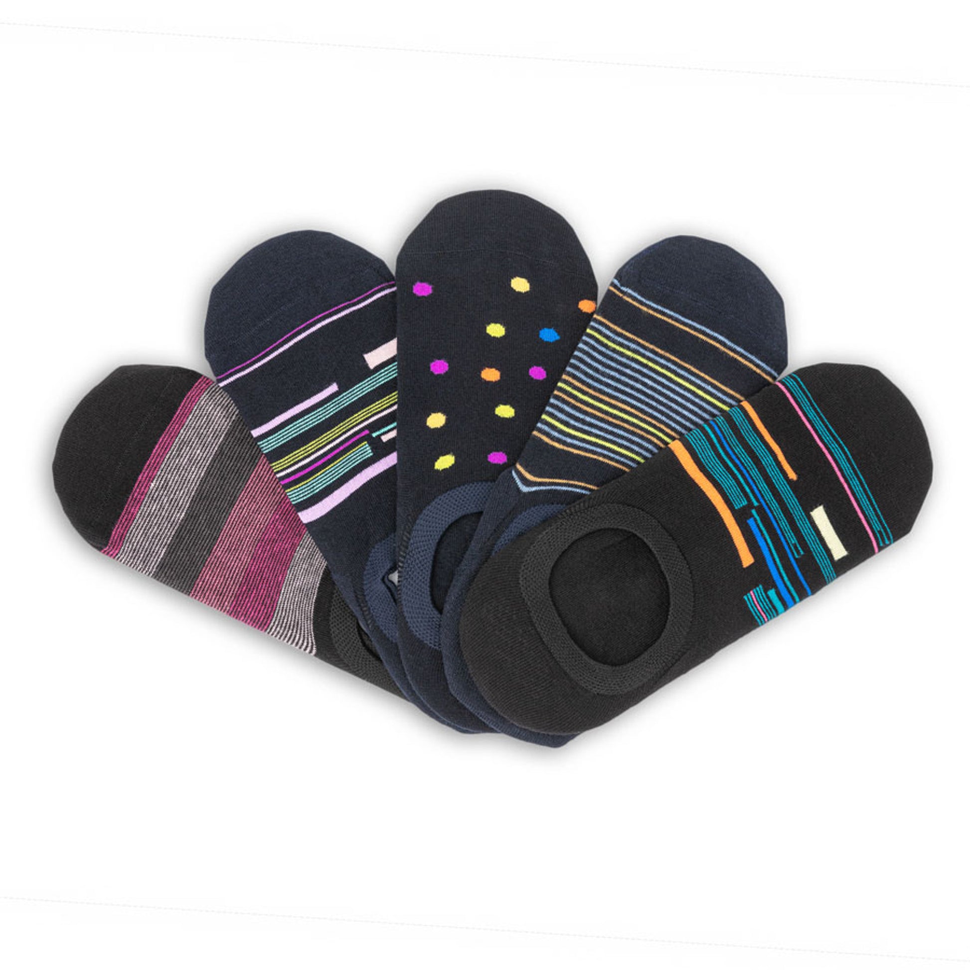 5 pairs of no show socks with various designs laid flat v shape with the heels stacked on top and the toes spread apart