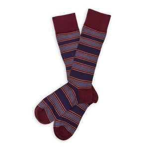 DeadSoxy Sampson Cotton Dress Socks flat lay showing a burgundy base with fine blue and cream stripes