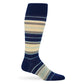 Samuel striped men‚Äôs dress sock ‚Äî navy, pale yellow & aqua lines; TrueStay‚Ñ¢ non-slip cuff by DeadSoxy.
