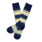 Pair of Samuel men‚Äôs striped dress socks laid flat; navy & pale yellow bands with aqua pinstripes; DeadSoxy cuff.‚Äù