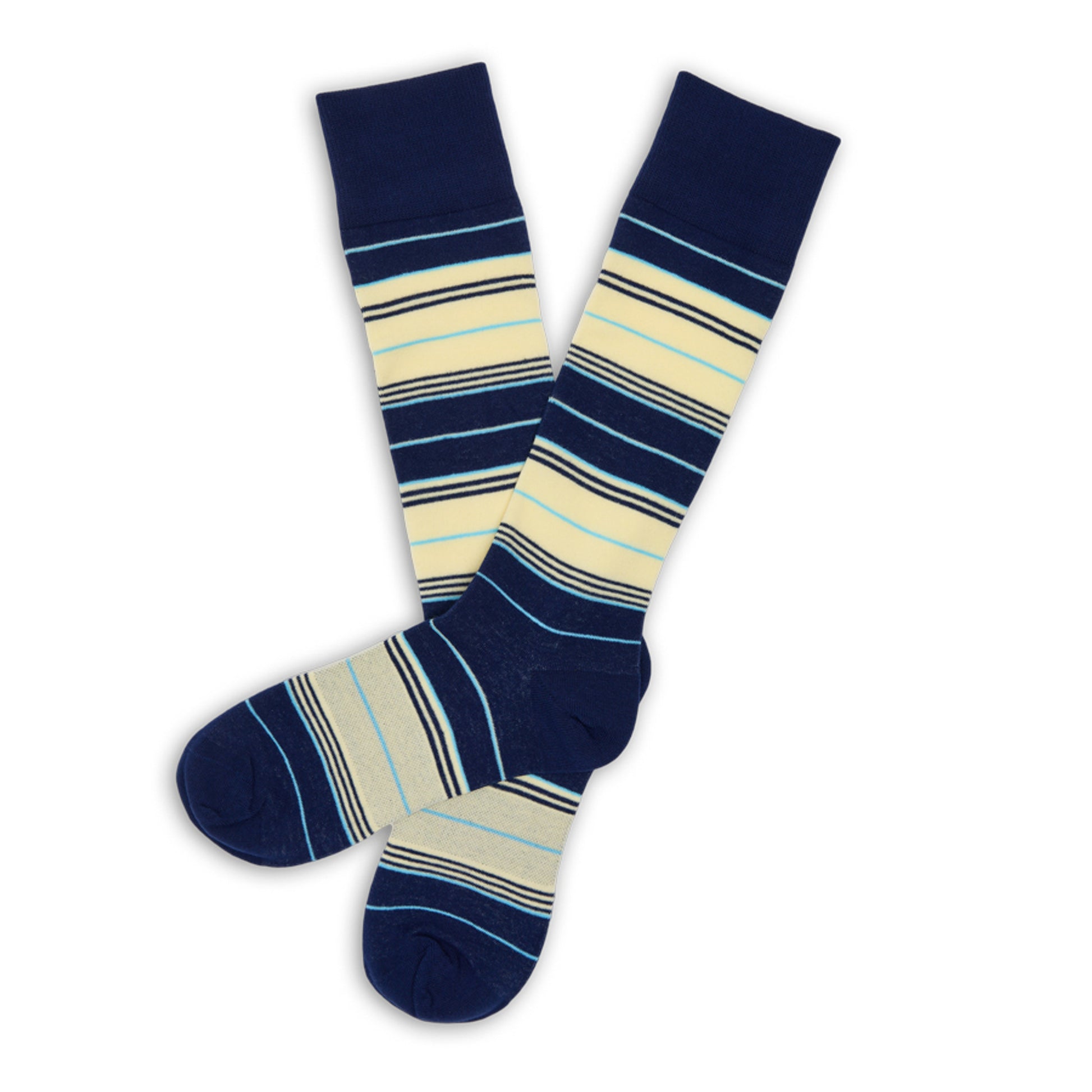 Pair of Samuel men‚Äôs striped dress socks laid flat; navy & pale yellow bands with aqua pinstripes; DeadSoxy cuff.‚Äù