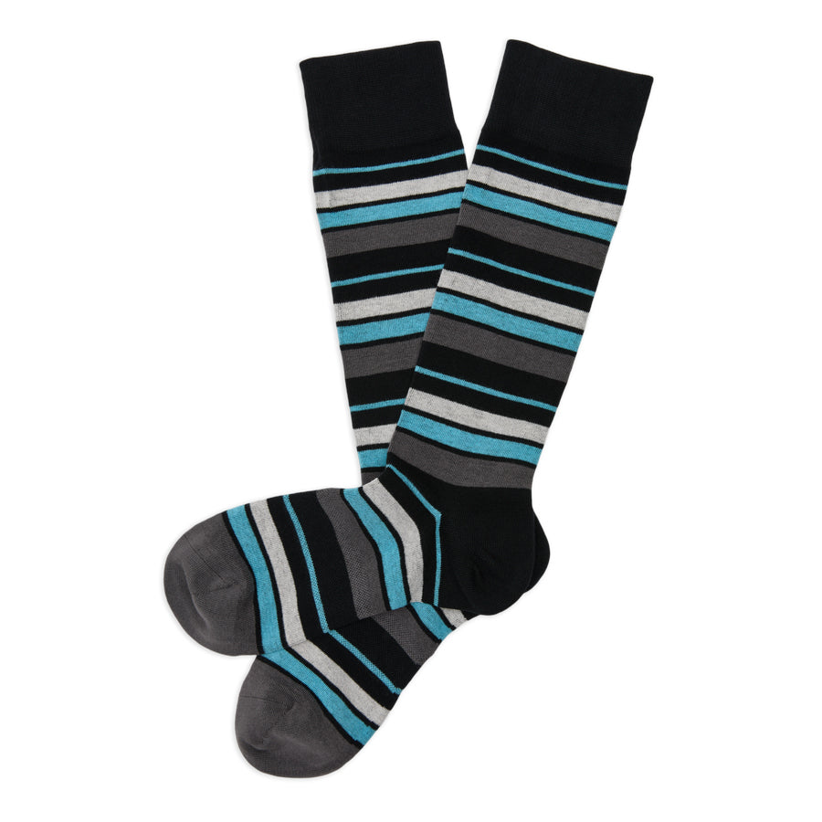 Scott dress socks flat lay showing full black charcoal and teal stripe pattern