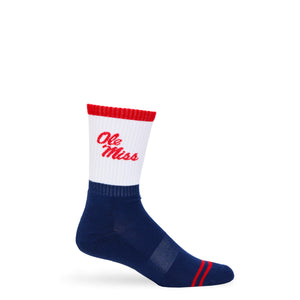 Navy and White 50/50 design with Ole Miss script on the side of the leg.