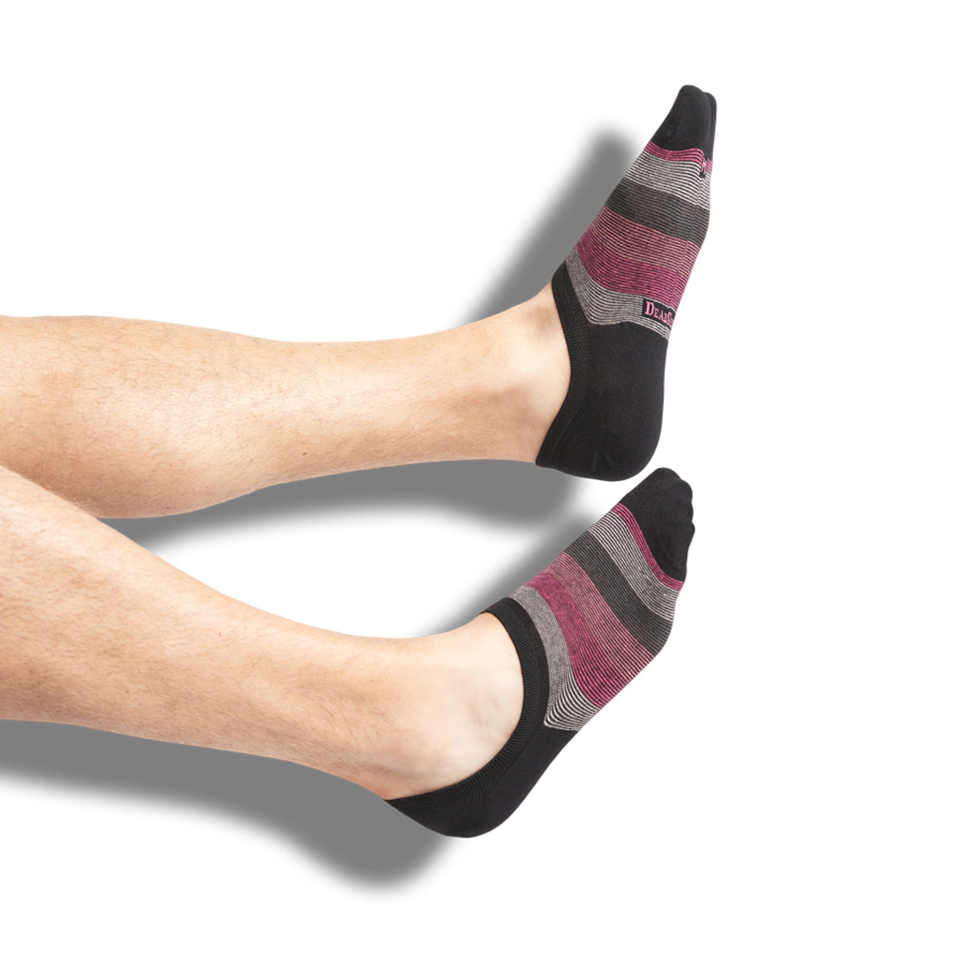 Black pink and grey no show socks with a min stripe colorblock design on legs.