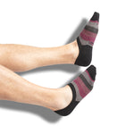 Black no show socks with pink and grey mini stripes on legs