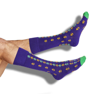 purple dress socks with mini Fleur de lis designs on legs