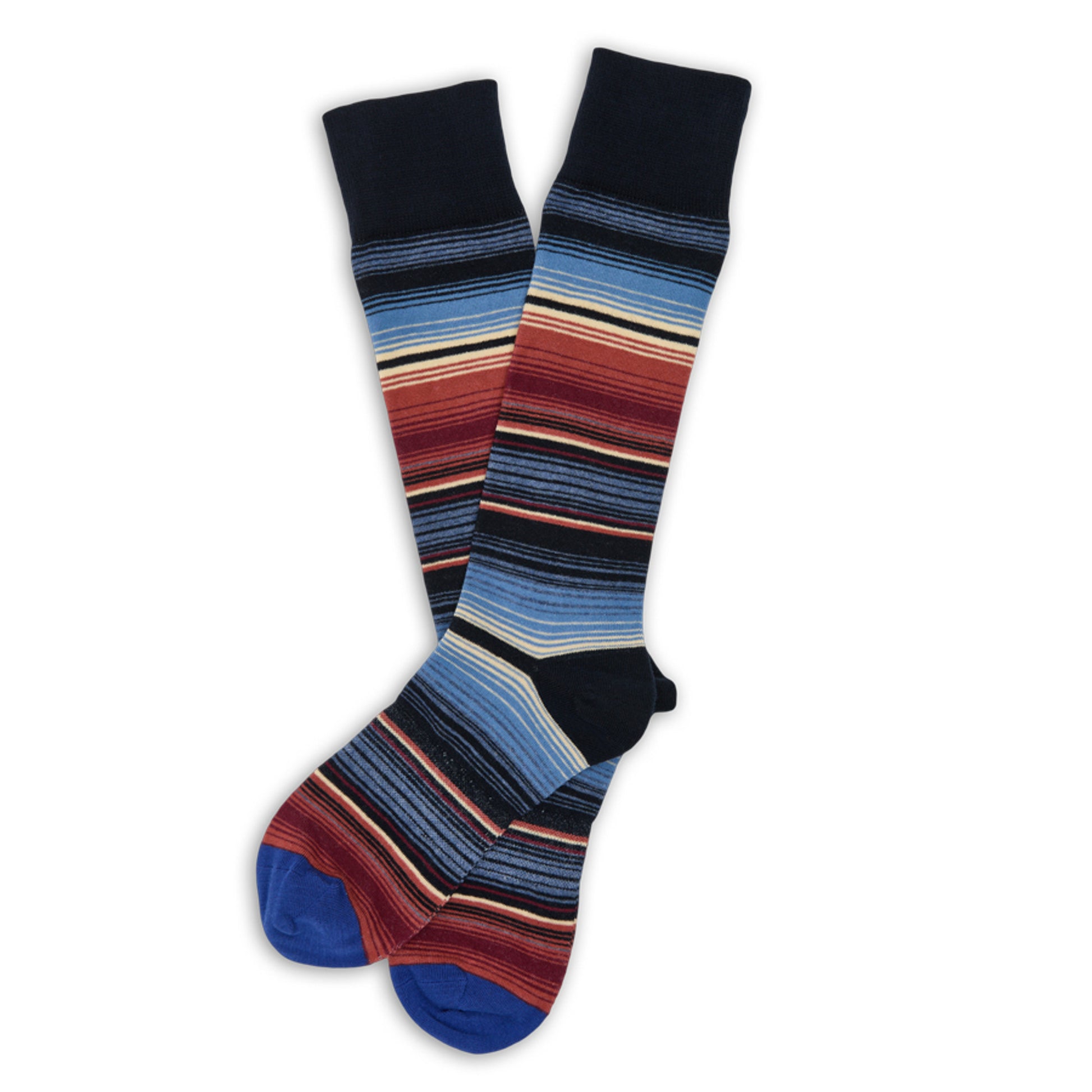 stripe dress socks with red, navy and cream color stripes laid flat.