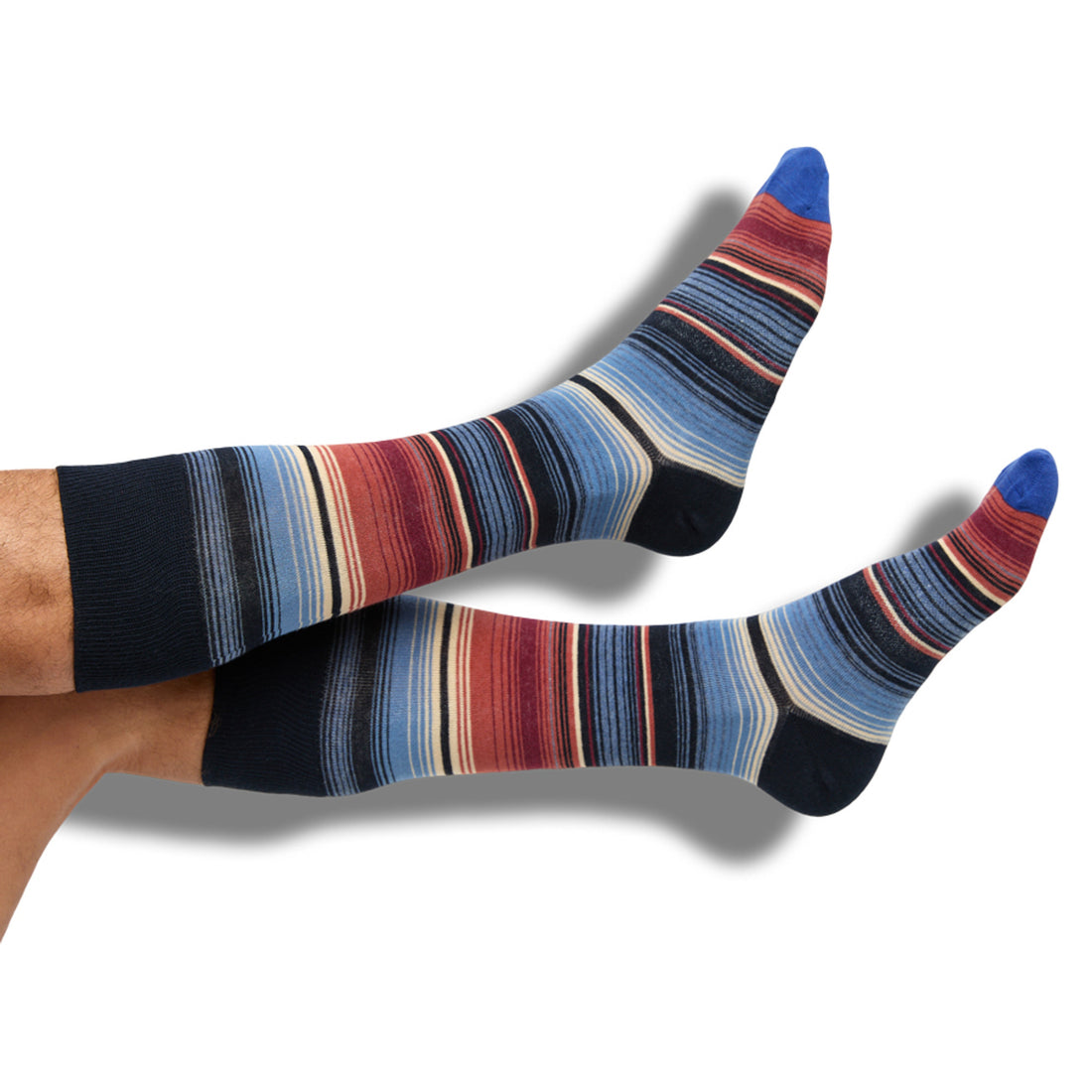 stripe dress socks with red, navy and cream color stripes on legs coming from side of screen