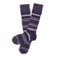 DeadSoxy Smith Cotton Dress Socks flat lay showing a purple base with navy, gray and fine red stripes