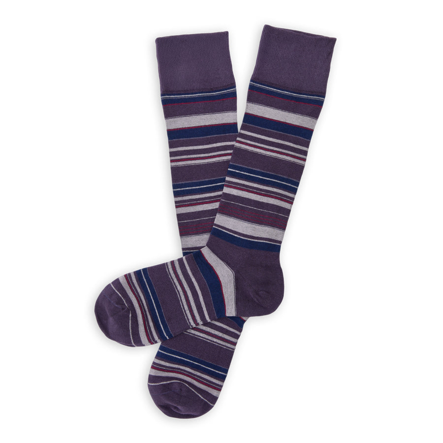 DeadSoxy Smith Cotton Dress Socks flat lay showing a purple base with navy, gray and fine red stripes