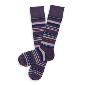 DeadSoxy Smith Cotton Dress Socks flat lay showing a purple base with navy, gray and fine red stripes