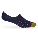 1 no show sock in solid navy blue with green toe and a pattern of geometric and math symbols being displayed on mannequin
