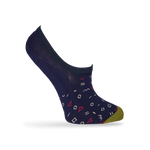 1 no show sock in solid navy blue with green toe and a pattern of geometric and math symbols being displayed on mannequin