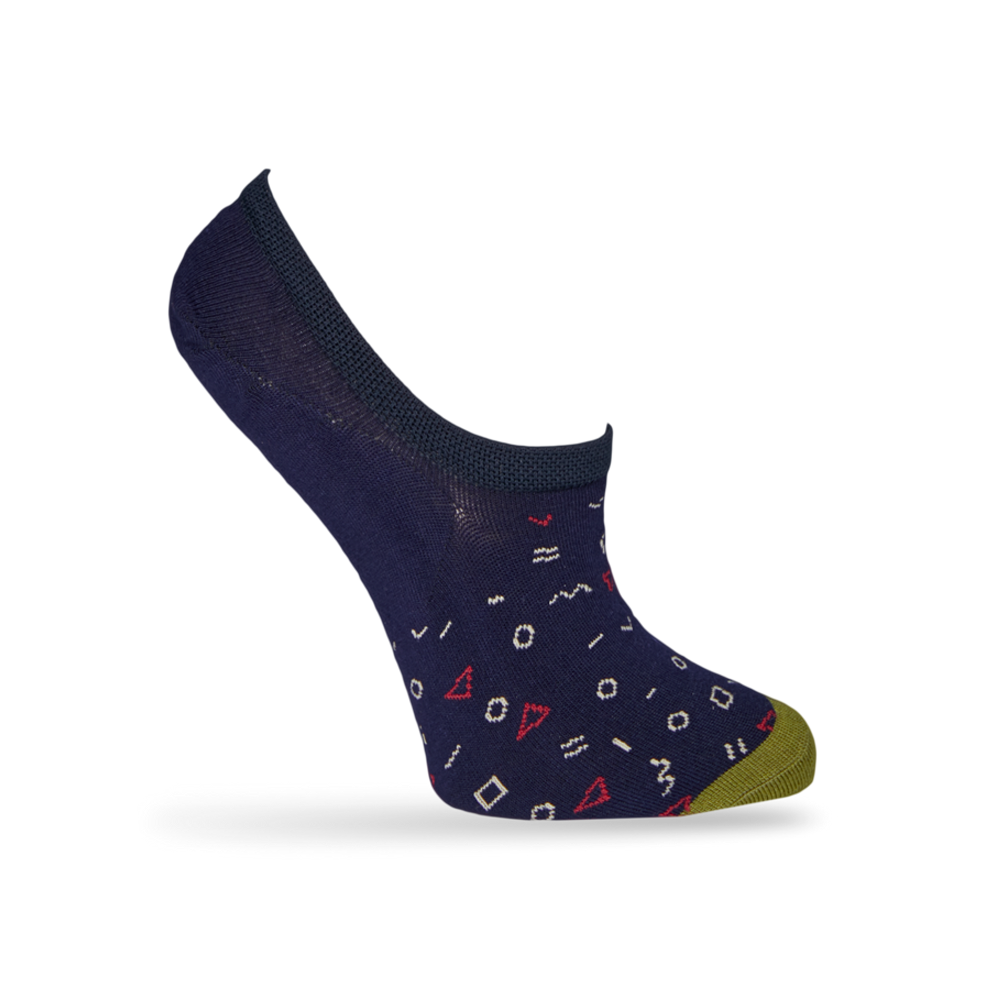 1 no show sock in solid navy blue with green toe and a pattern of geometric and math symbols being displayed on mannequin
