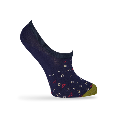 1 no show sock in solid navy blue with green toe and a pattern of geometric and math symbols being displayed on mannequin