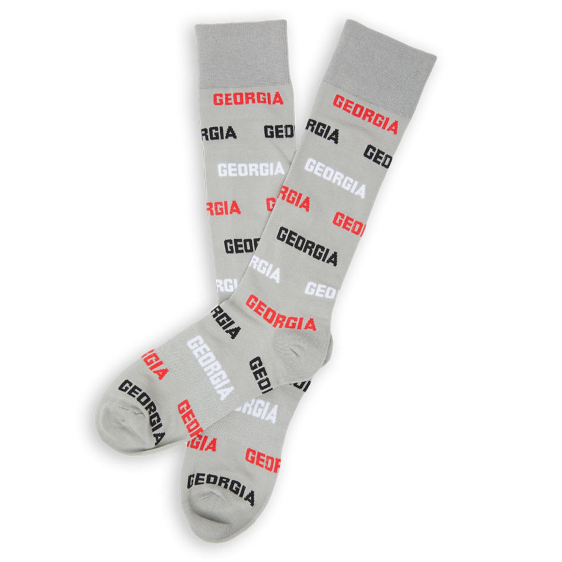 Greyhounds  dress socks with Georgia written in red, black, and grey in stripe design laid out flat and crossed at the heel.