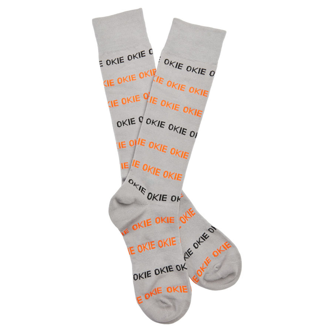 Grey dress sock with OKIE in orange and black shown laid out flat and crossed at the heel.