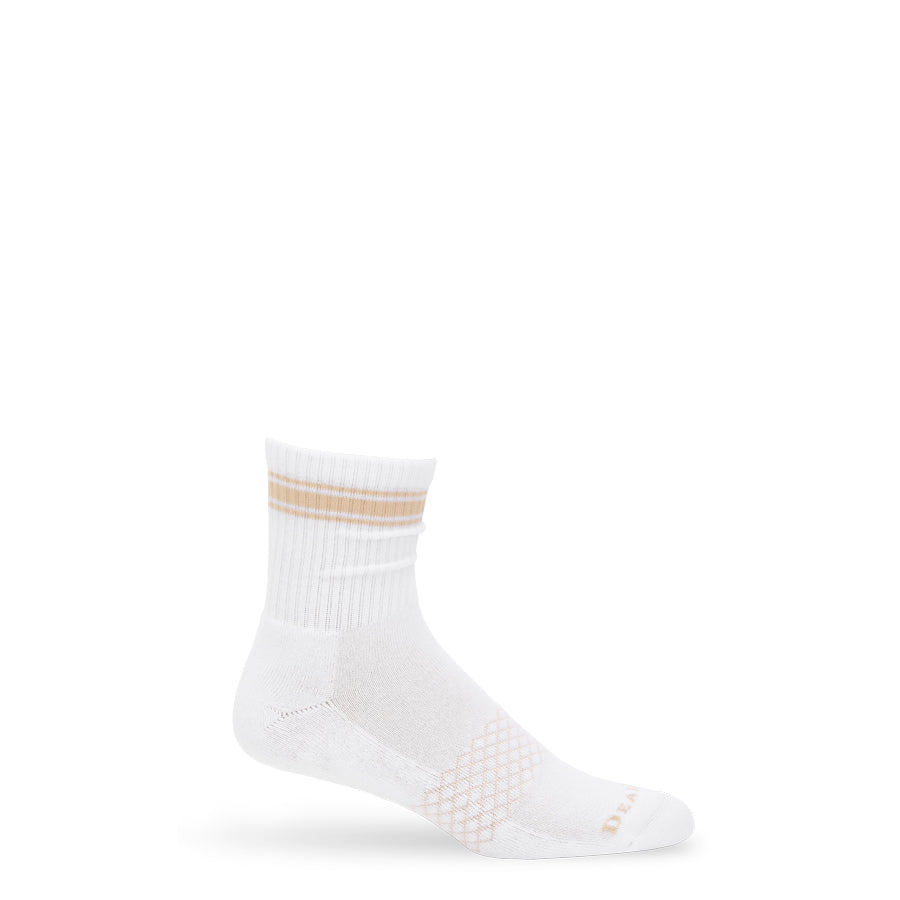 White and tan striped quarter crew socks displayed upright on a clean background.