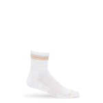 White and tan striped quarter crew socks displayed upright on a clean background.