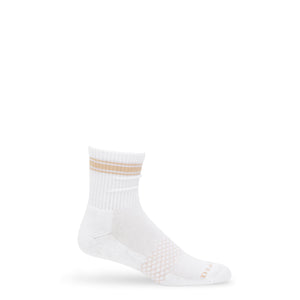 White and tan striped quarter crew socks displayed upright on a clean background.