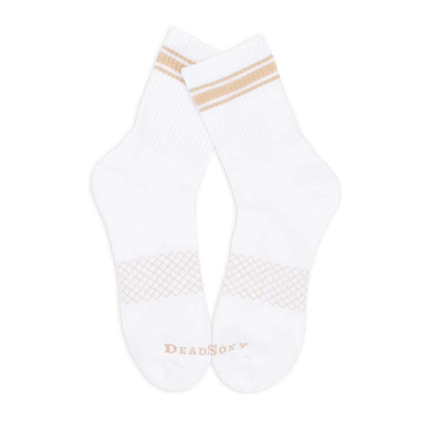 White and tan quarter crew socks laid flat to show striped design and construction.