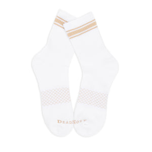 White and tan quarter crew socks laid flat to show striped design and construction.