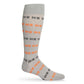 Grey dress sock with OKIE in orange and black shown on a mannequin.