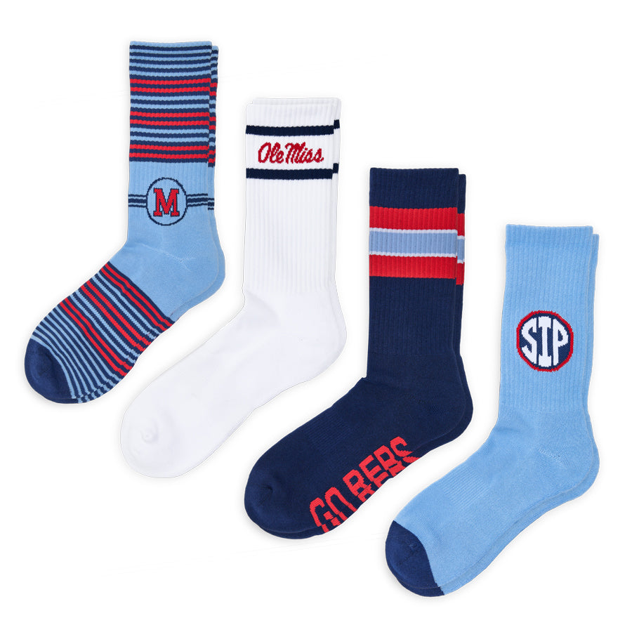 DeadSoxy Rebel 4-Pack — full bundle of four officially licensed Ole Miss casual crew socks laid out together