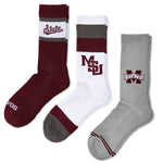 The Bully Casual 3-Pack socks bundle shot, showing the three Mississippi State casual crew socks together