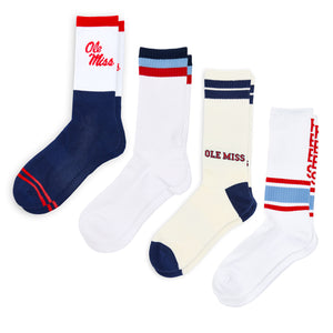 Four pairs of socks with 'Ole Miss' and other text designs on a white background