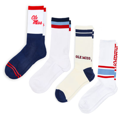 Four pairs of socks with 'Ole Miss' and other text designs on a white background