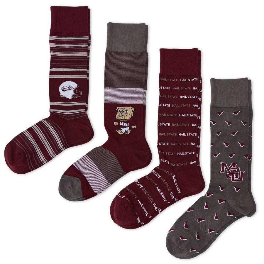 The Junction Dress 4-Pack socks bundle shot, showing all four Mississippi State dress socks together