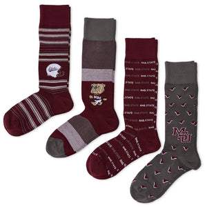 The Junction Dress 4-Pack socks bundle shot, showing all four Mississippi State dress socks together