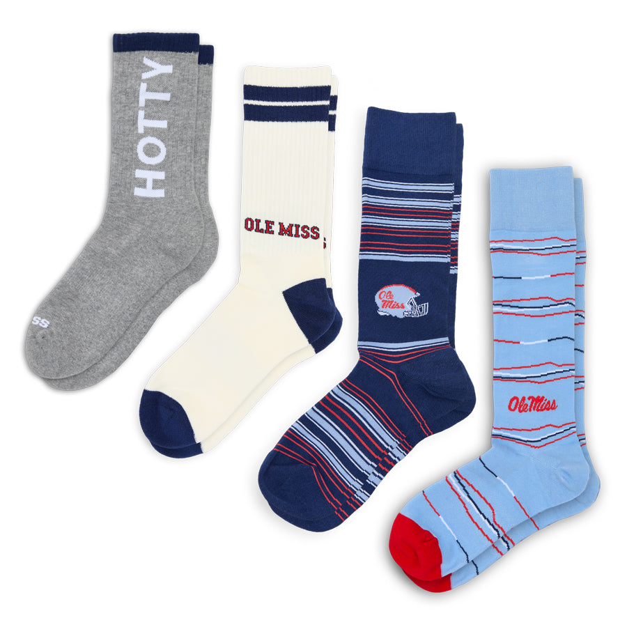 Set of four socks with different designs and text on a white background