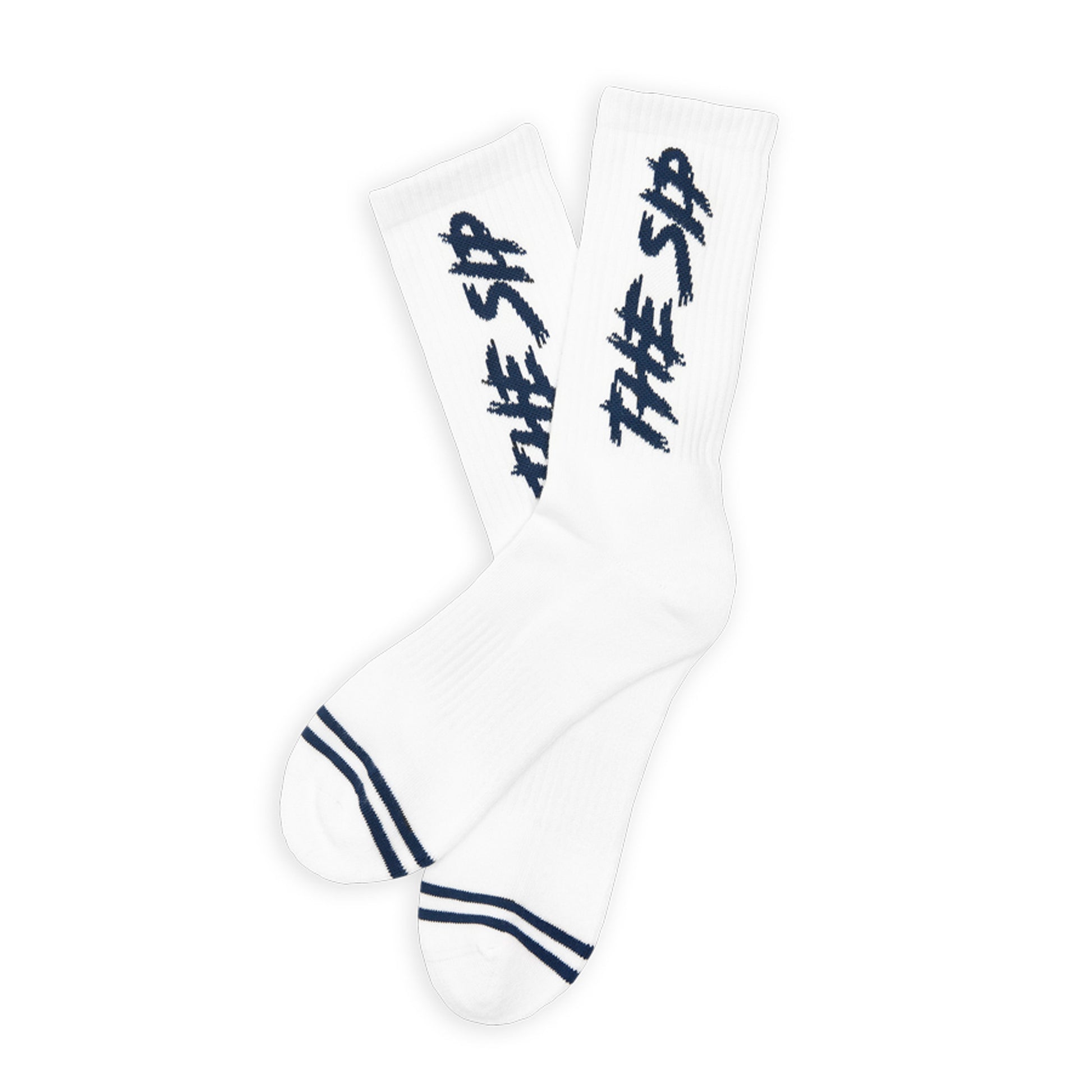 White casual crew socks with THE SIP in navy written down the leg.